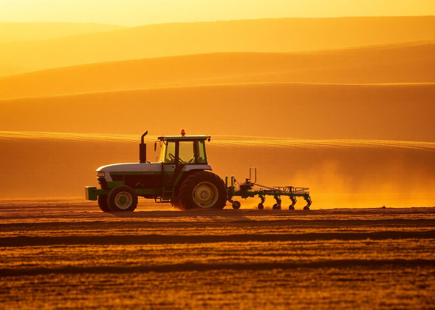Trator preparando o solo em uma fazenda ao entardecer